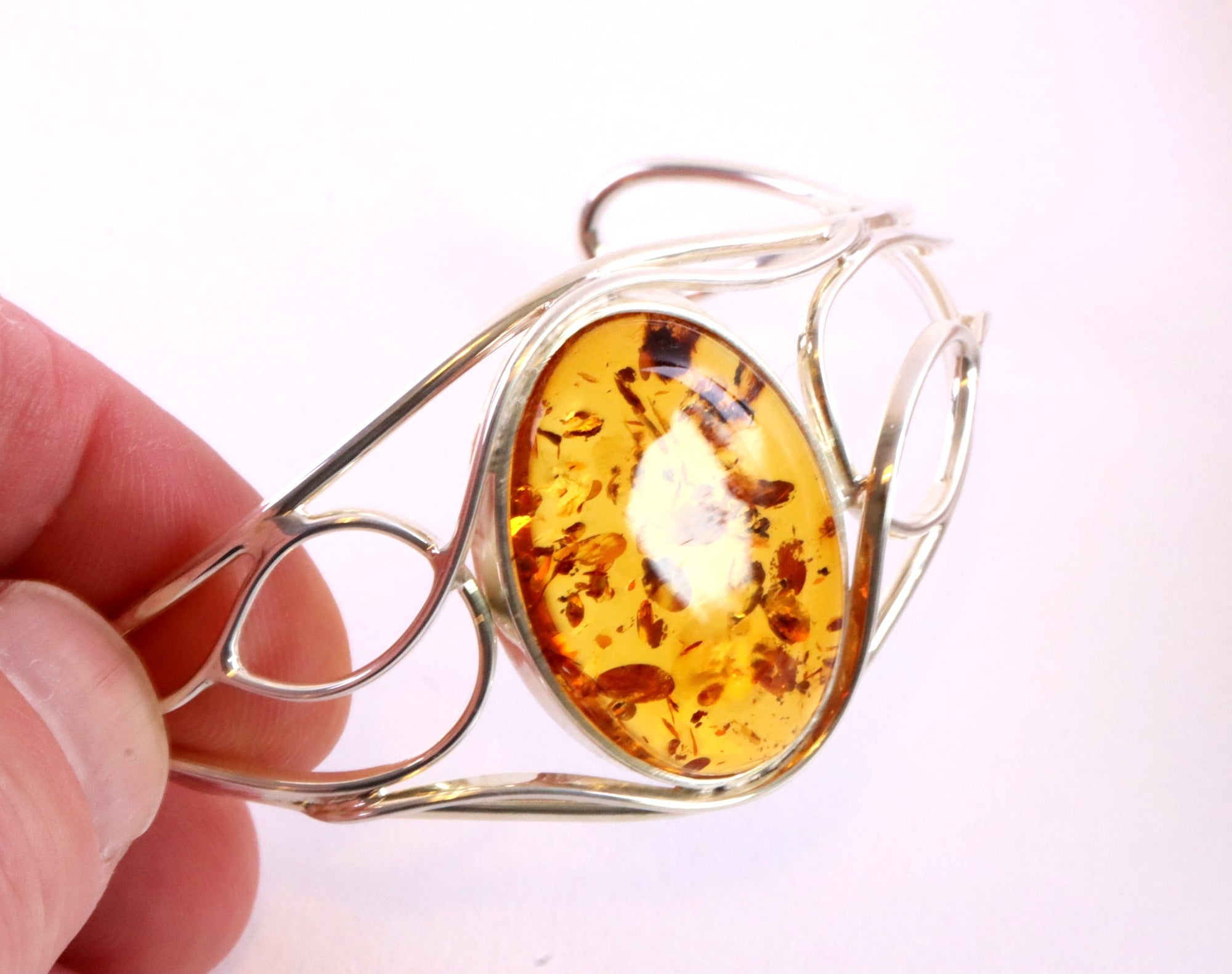 Silver Bangle Honey Amber Gemstone Adjustable Bangle with FREE Pendant