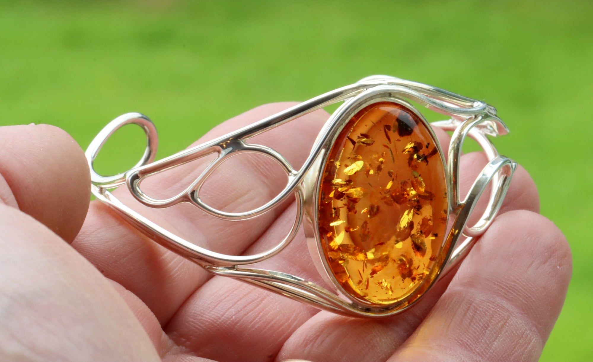 Silver Bangle Honey Amber Gemstone Adjustable Bangle with FREE Pendant