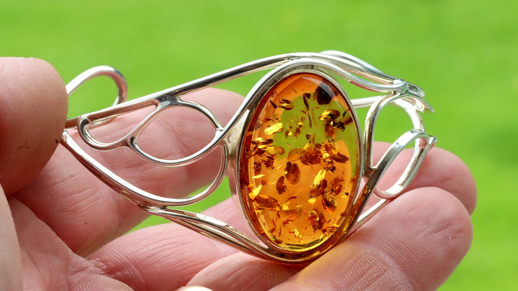 Silver Bangle Honey Amber Gemstone Adjustable Bangle with FREE Pendant