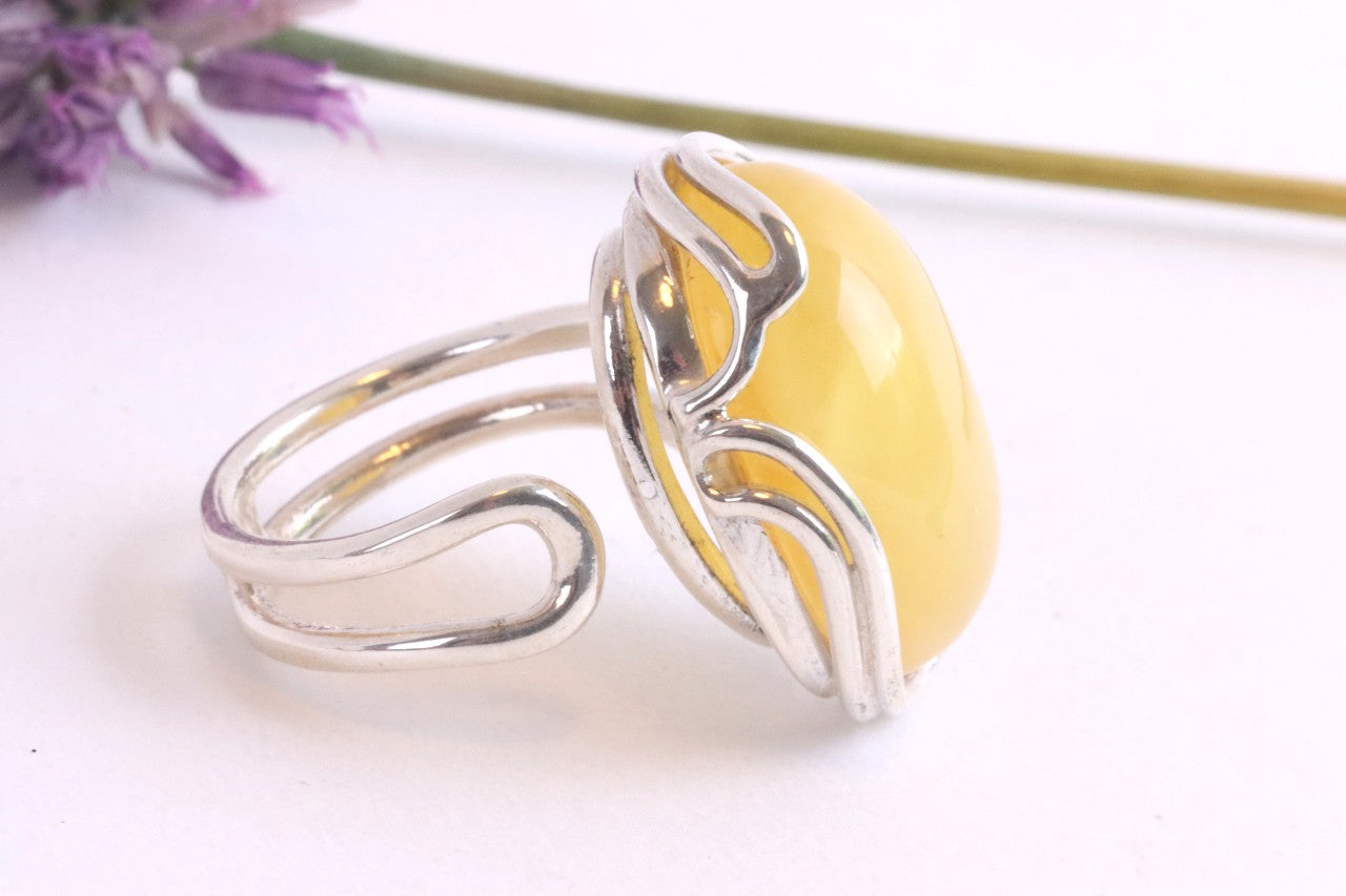 Sterling Silver & Baltic Amber Ring - Light Green & Honey Amber Stones, 925 Silver, Handcrafted