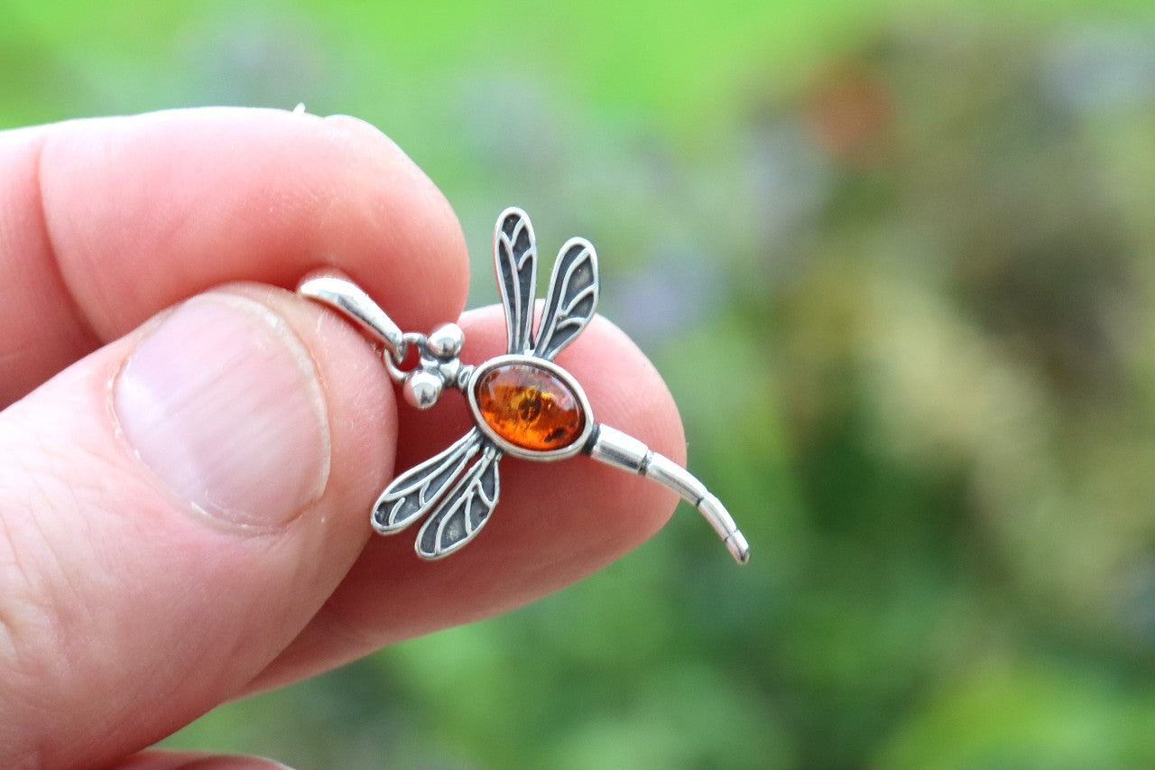 Sterling Silver Dragonfly Pendant with Baltic Amber Gem