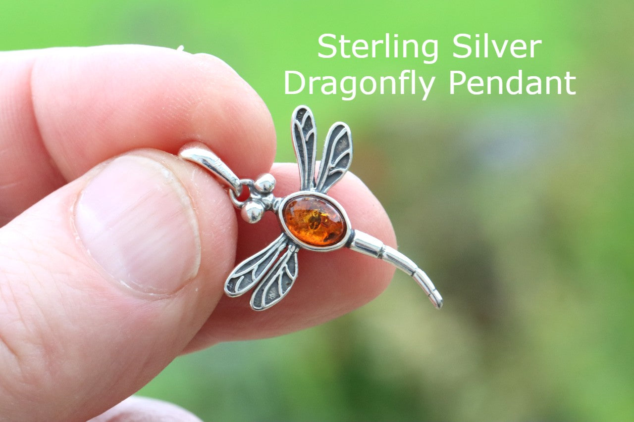 Sterling Silver Dragonfly Pendant with Baltic Amber Gem