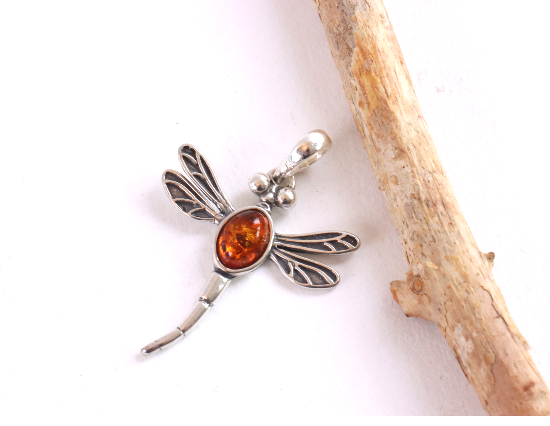 Sterling Silver Dragonfly Pendant with Baltic Amber Gem