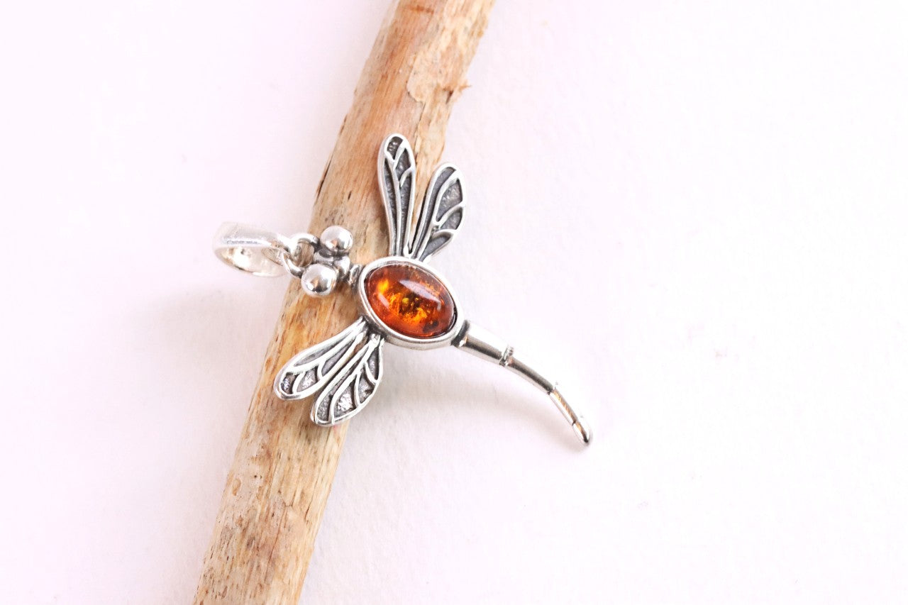 Sterling Silver Dragonfly Pendant with Baltic Amber Gem