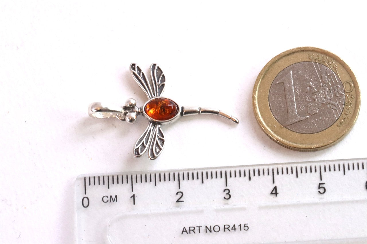 Sterling Silver Dragonfly Pendant with Baltic Amber Gem