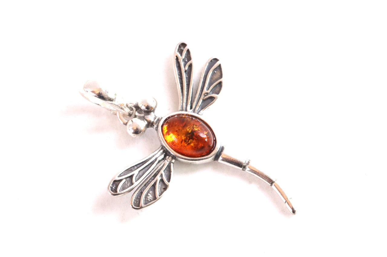Sterling Silver Dragonfly Pendant with Baltic Amber Gem