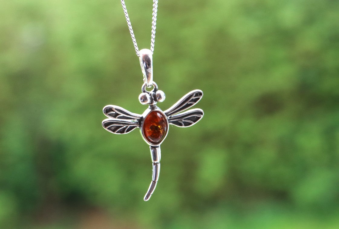 Sterling Silver Dragonfly Pendant with Baltic Amber Gem