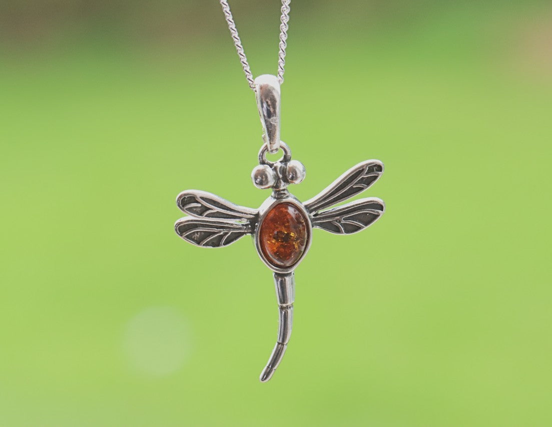 Sterling Silver Dragonfly Pendant with Baltic Amber Gem