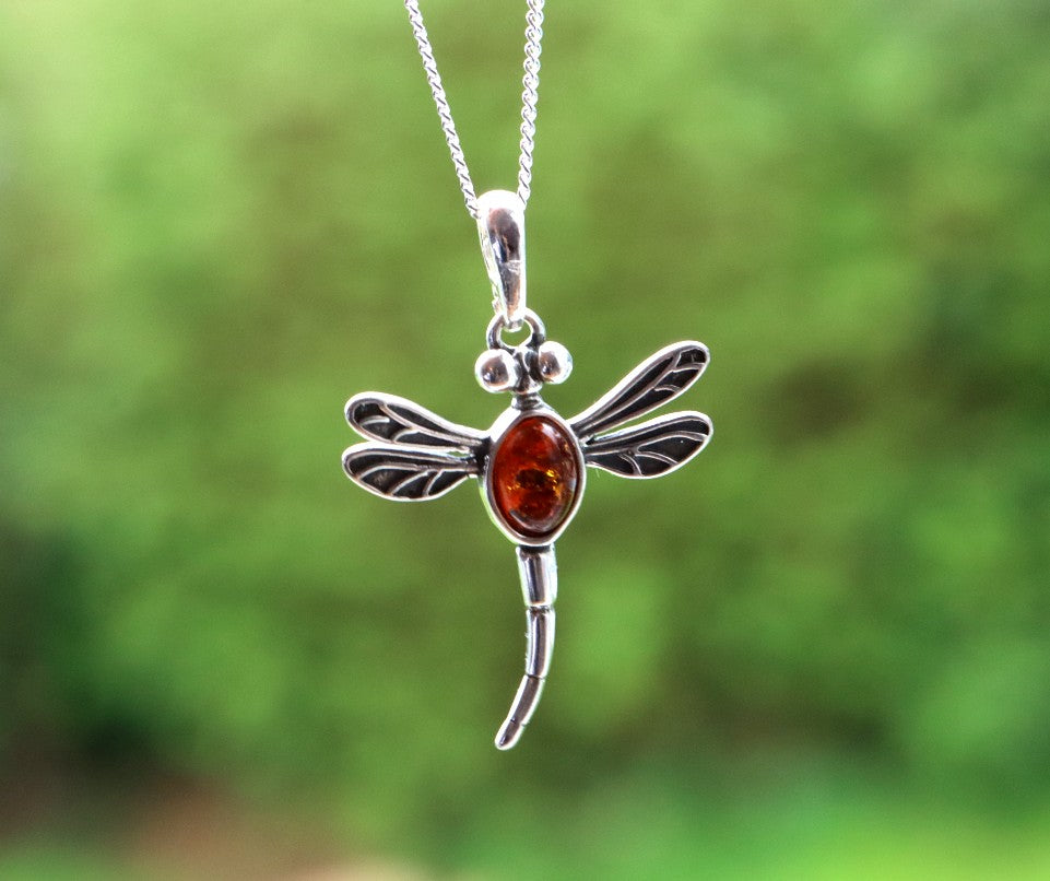 Sterling Silver Dragonfly Pendant with Baltic Amber Gem