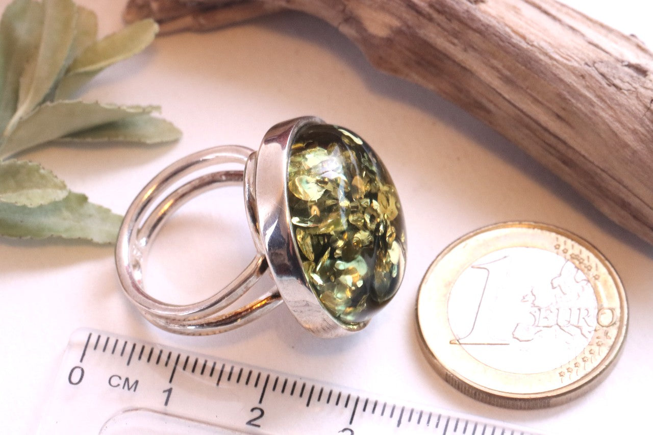 Gift 925 Sterling Silver Green Baltic Amber Ring