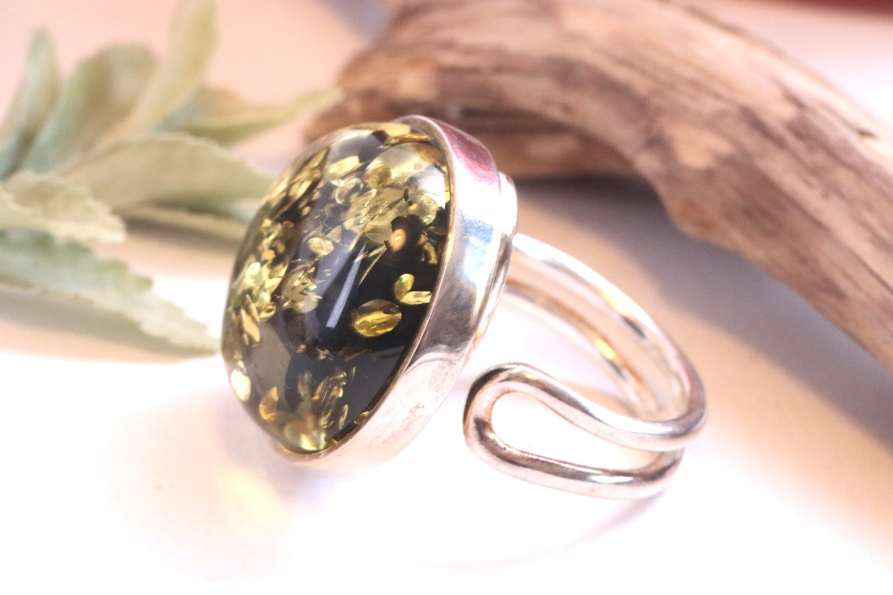 Gift 925 Sterling Silver Green Baltic Amber Ring