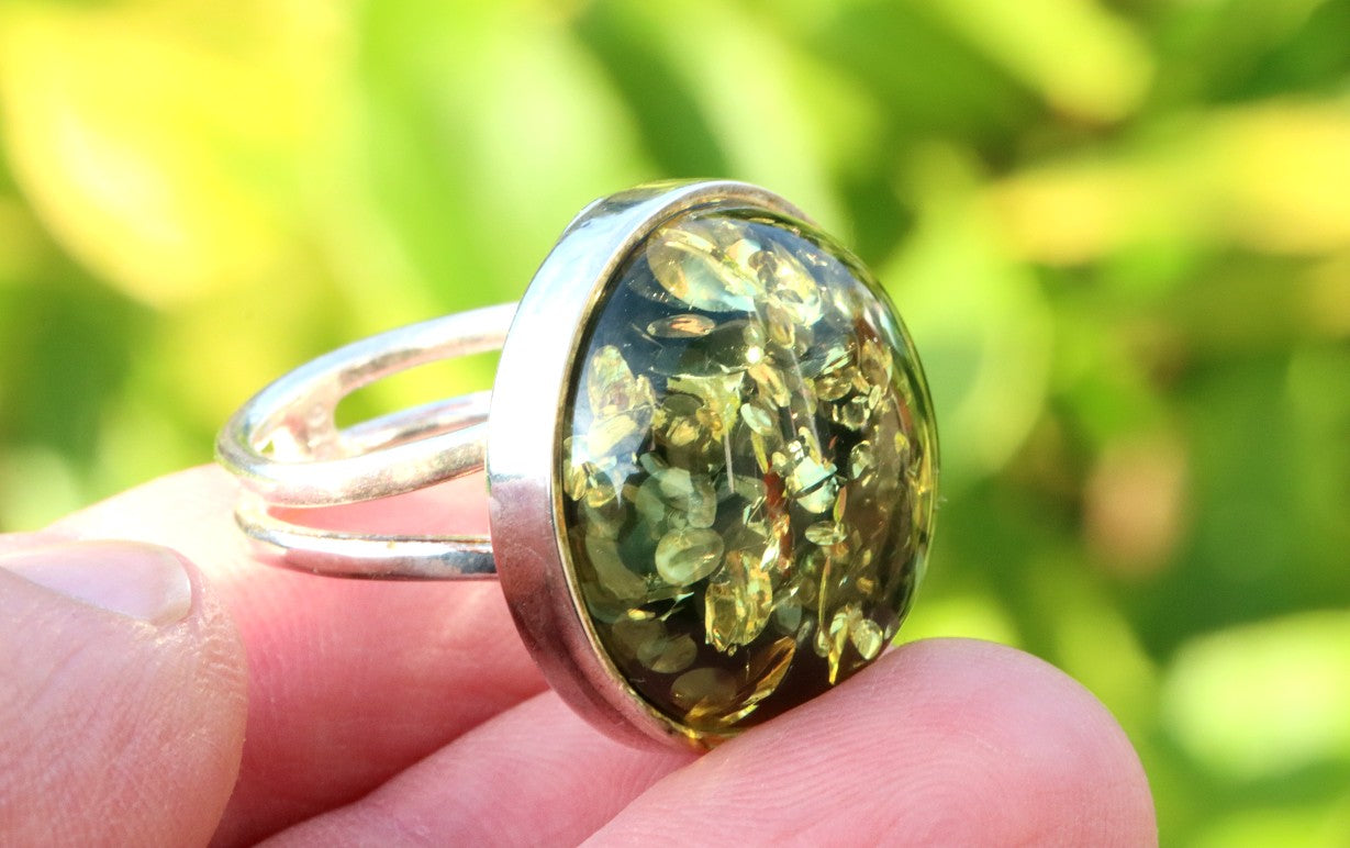 Gift 925 Sterling Silver Green Baltic Amber Ring