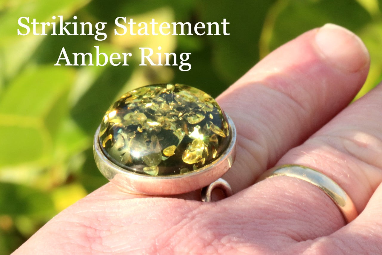 Gift 925 Sterling Silver Green Baltic Amber Ring