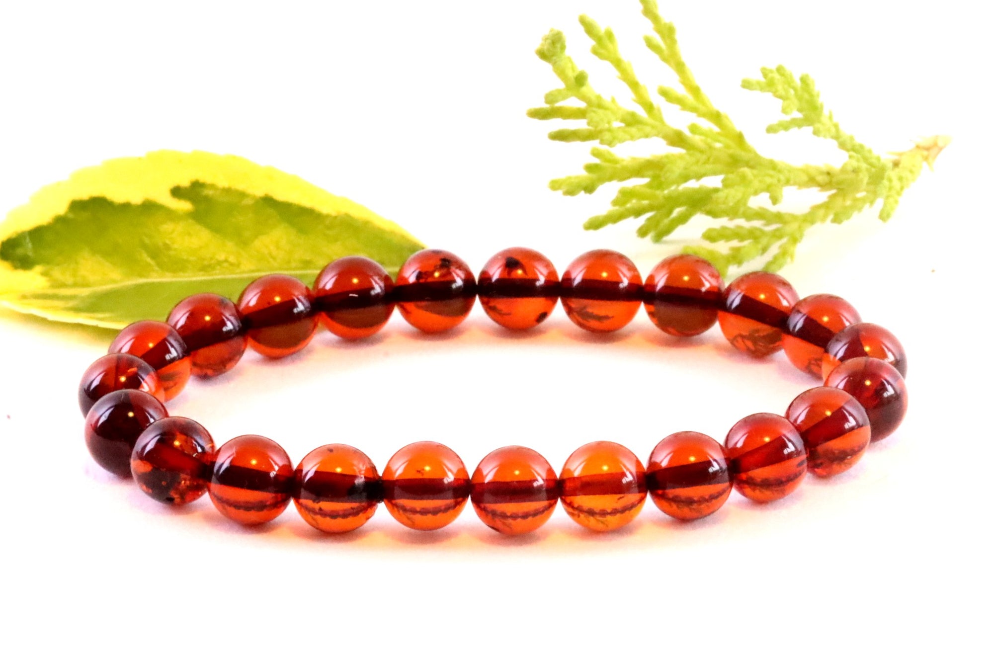 A bracelet made of perfect round red amber beads with a white background and a green leaf in the background.