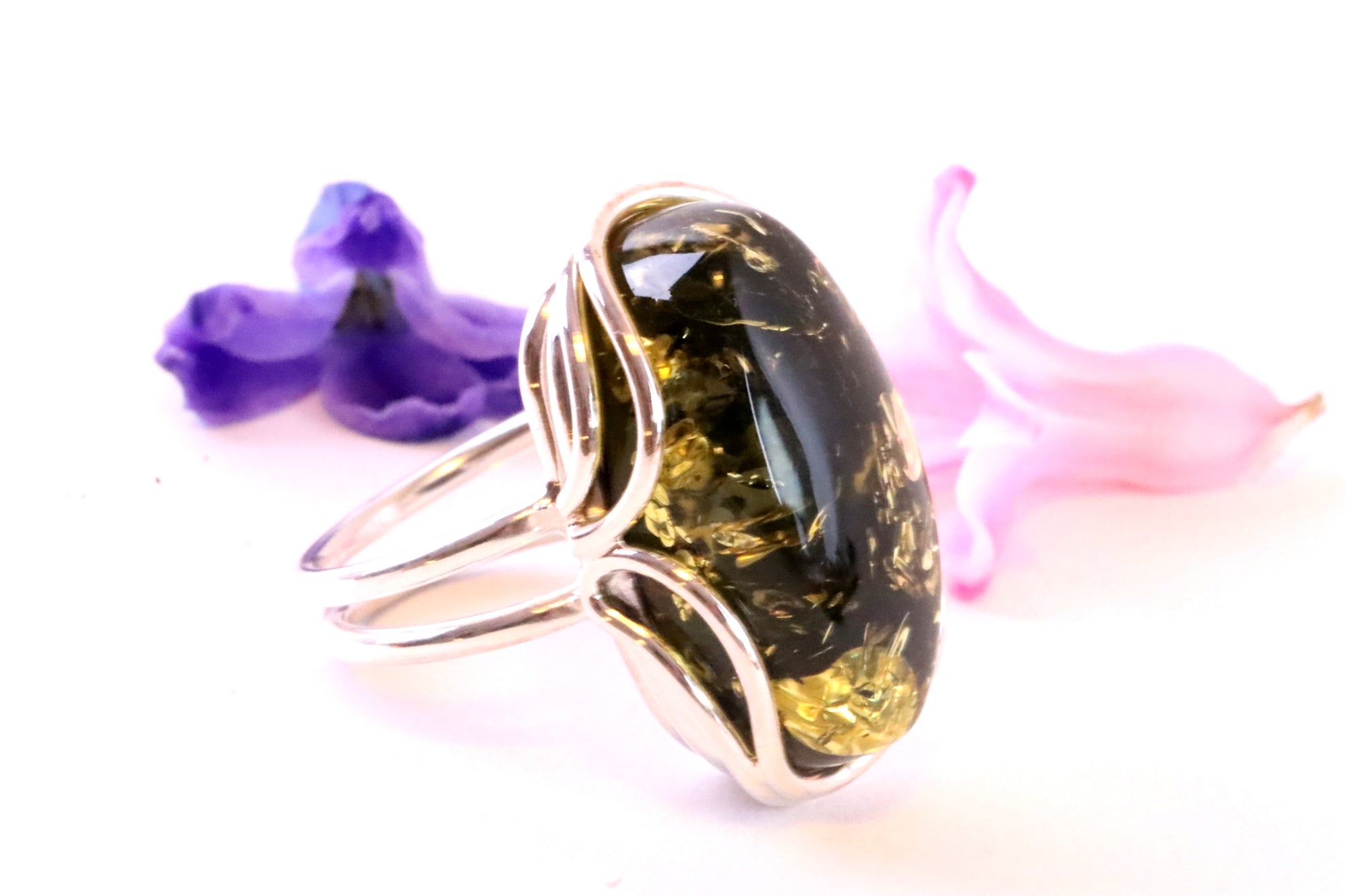 925 Sterling Silver Green Baltic Amber Ring