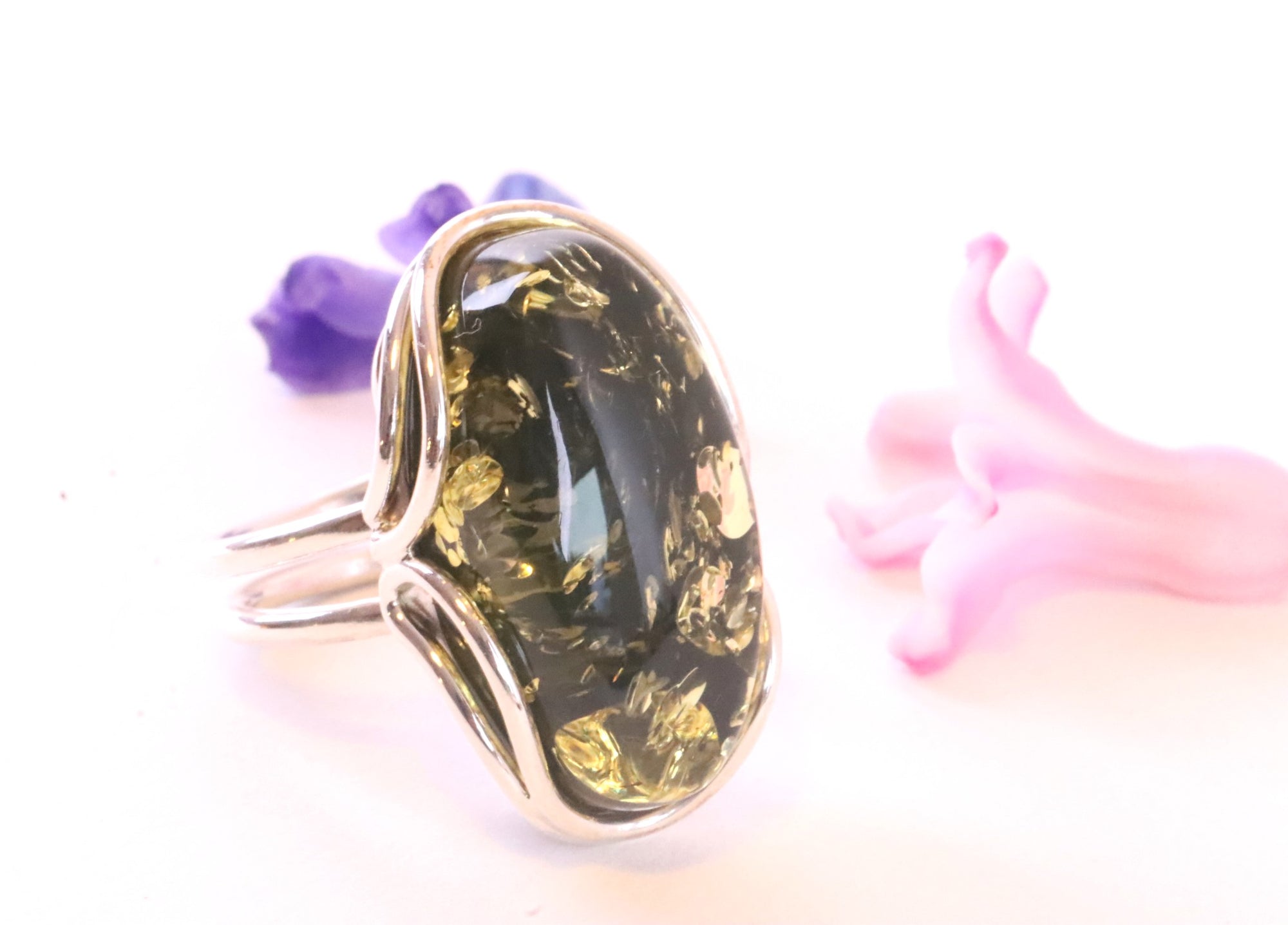 925 Sterling Silver Green Baltic Amber Ring