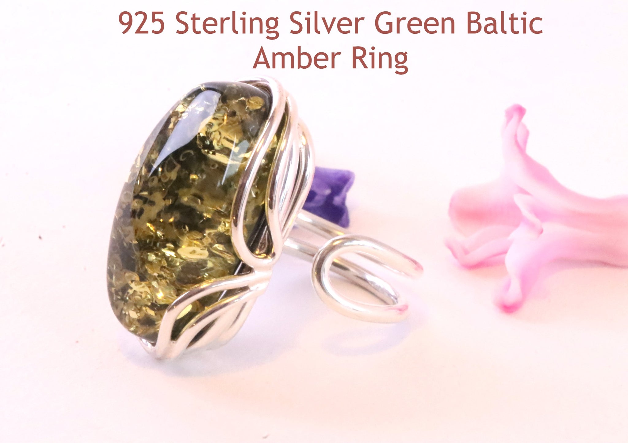 Valentine's Day Gift 925 Sterling Silver Green Baltic Amber Ring
