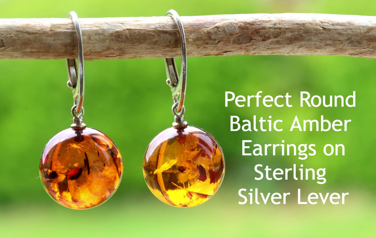 Perfect Round Baltic Amber Earrings on Sterling Silver