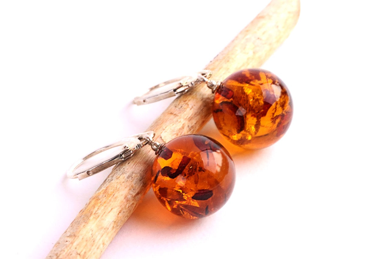 Perfect Round Baltic Amber Earrings on Sterling Silver