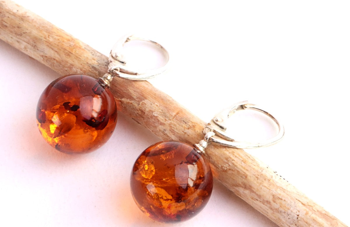 Perfect Round Baltic Amber Earrings on Sterling Silver