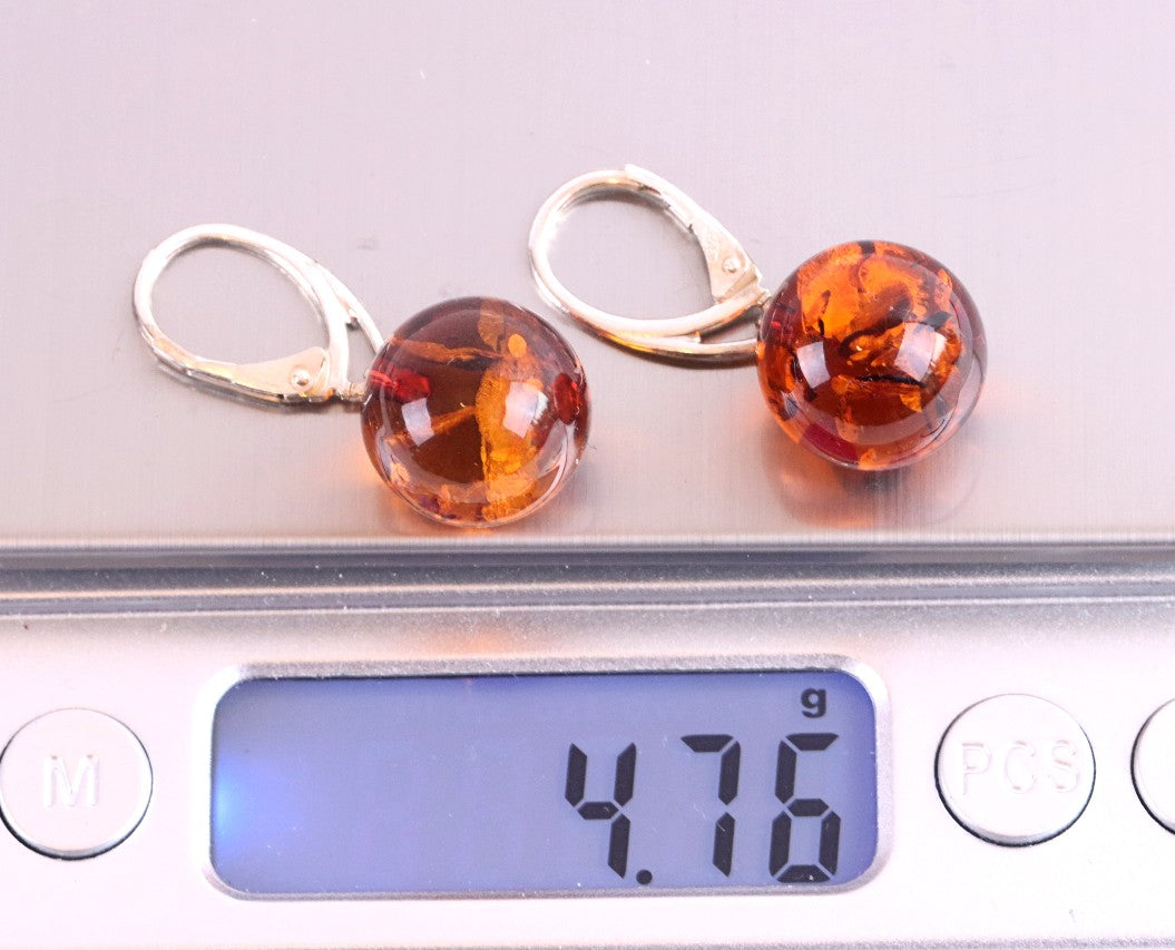 Perfect Round Baltic Amber Earrings on Sterling Silver
