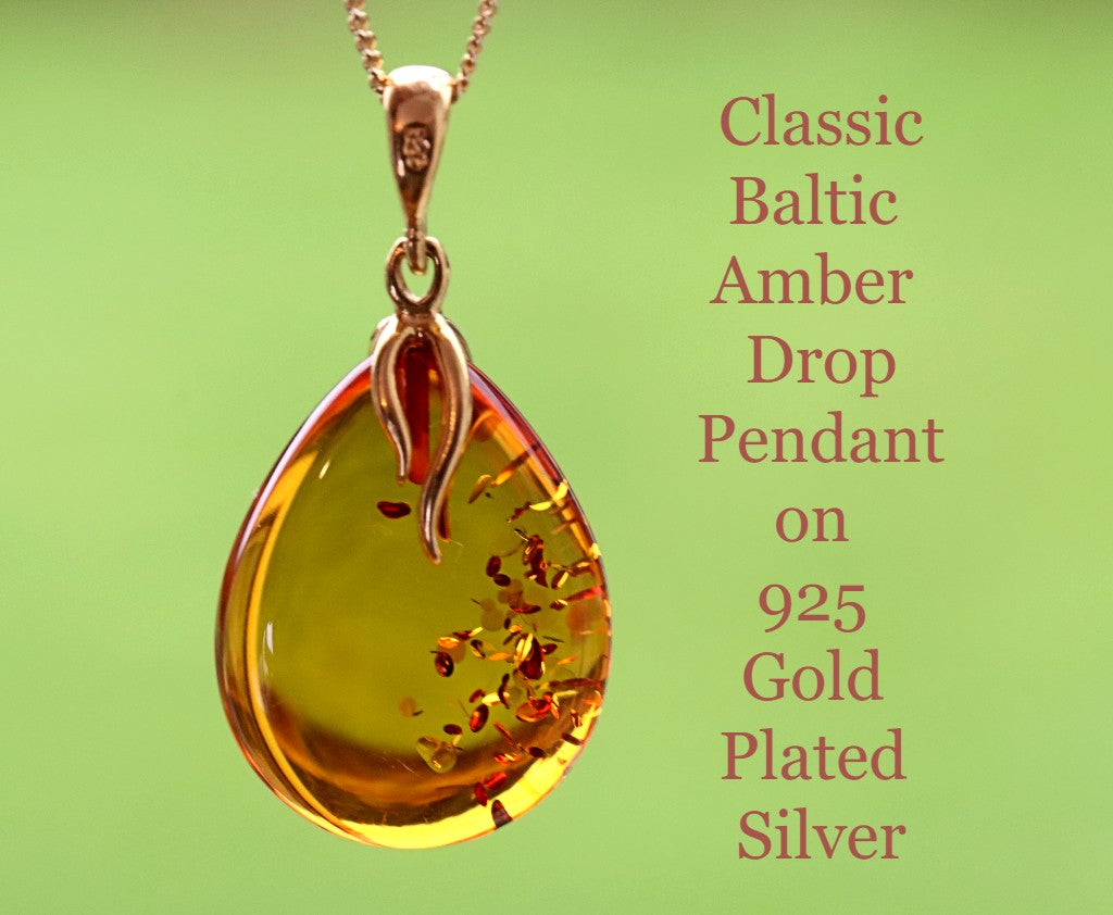 Classic Baltic Amber Drop Pendant on 925 Gold Plated Silver