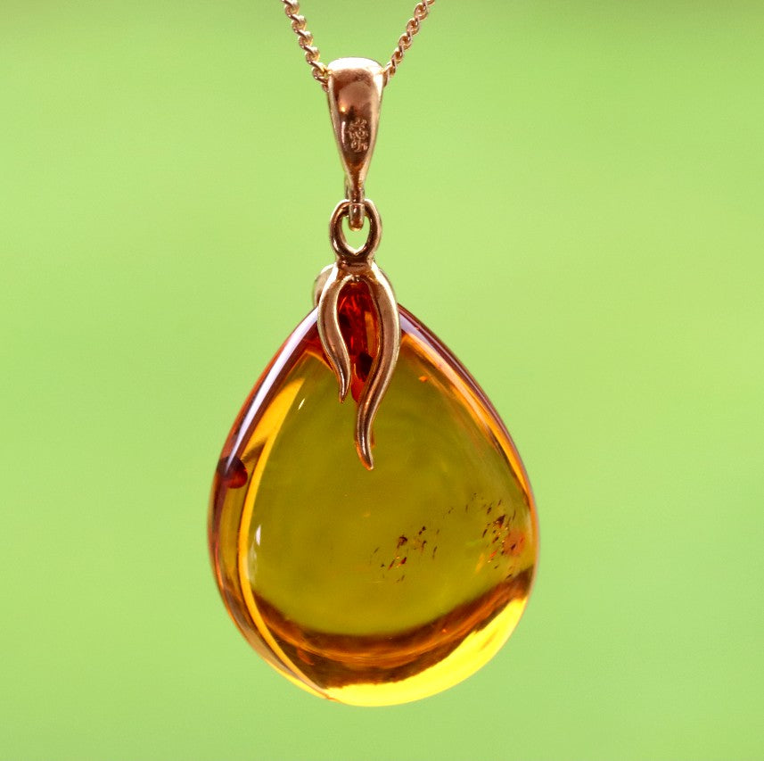 Classic Baltic Amber Drop Pendant on 925 Gold Plated Silver