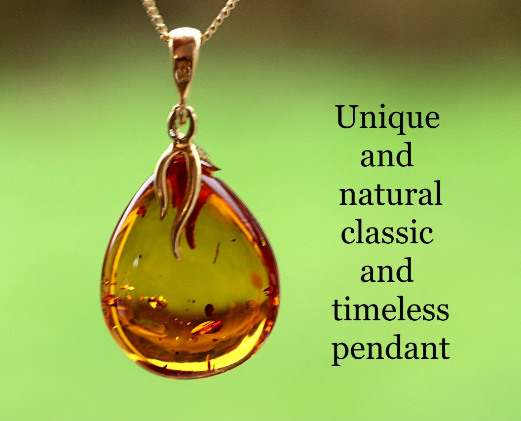 Classic Baltic Amber Drop Pendant on 925 Gold Plated Silver
