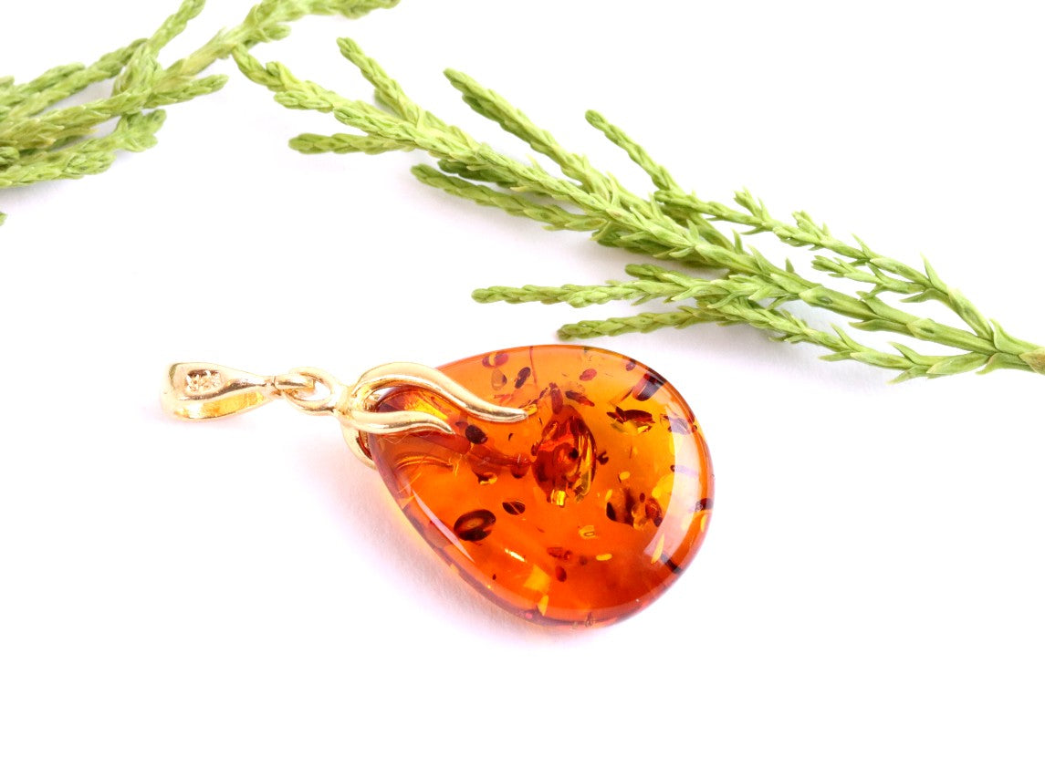 Classic Baltic Amber Drop Pendant on 925 Gold Plated Silver