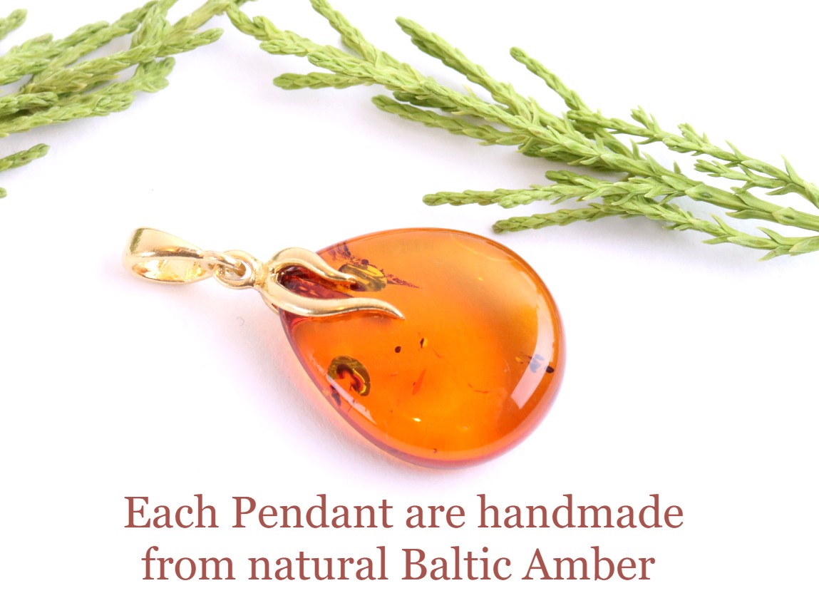Classic Baltic Amber Drop Pendant on 925 Gold Plated Silver