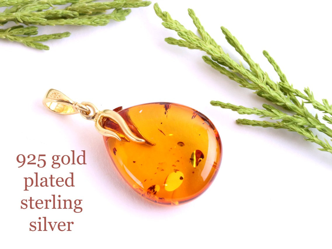 Classic Baltic Amber Drop Pendant on 925 Gold Plated Silver