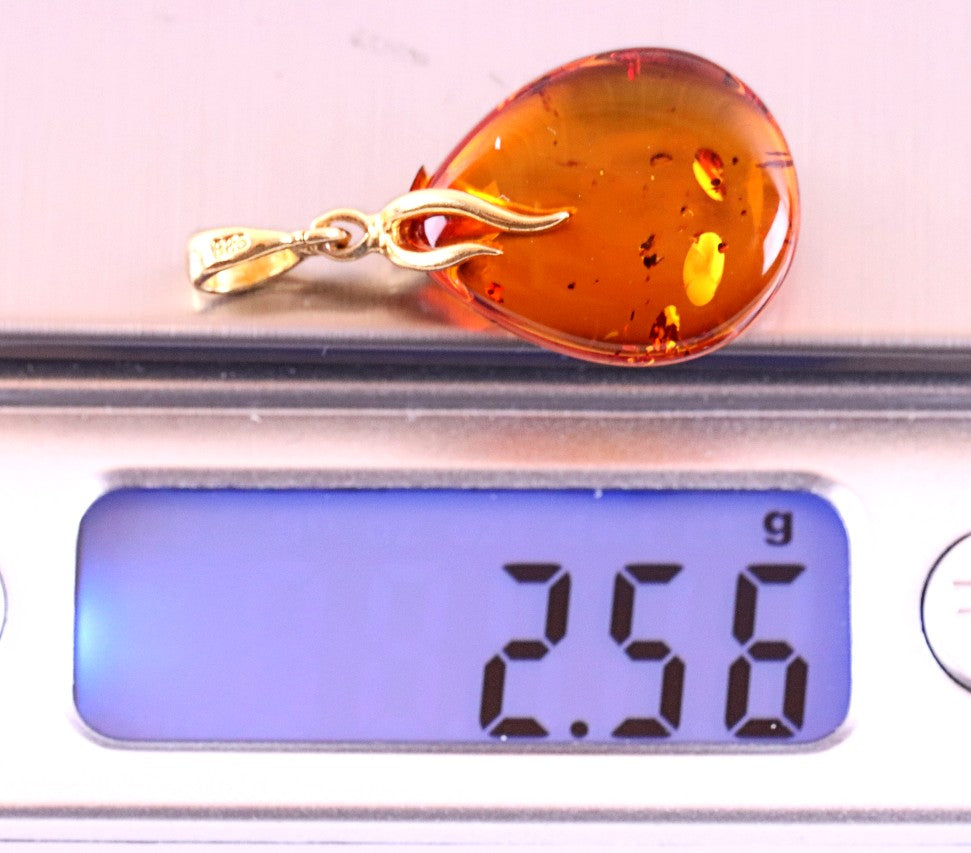 Classic Baltic Amber Drop Pendant on 925 Gold Plated Silver