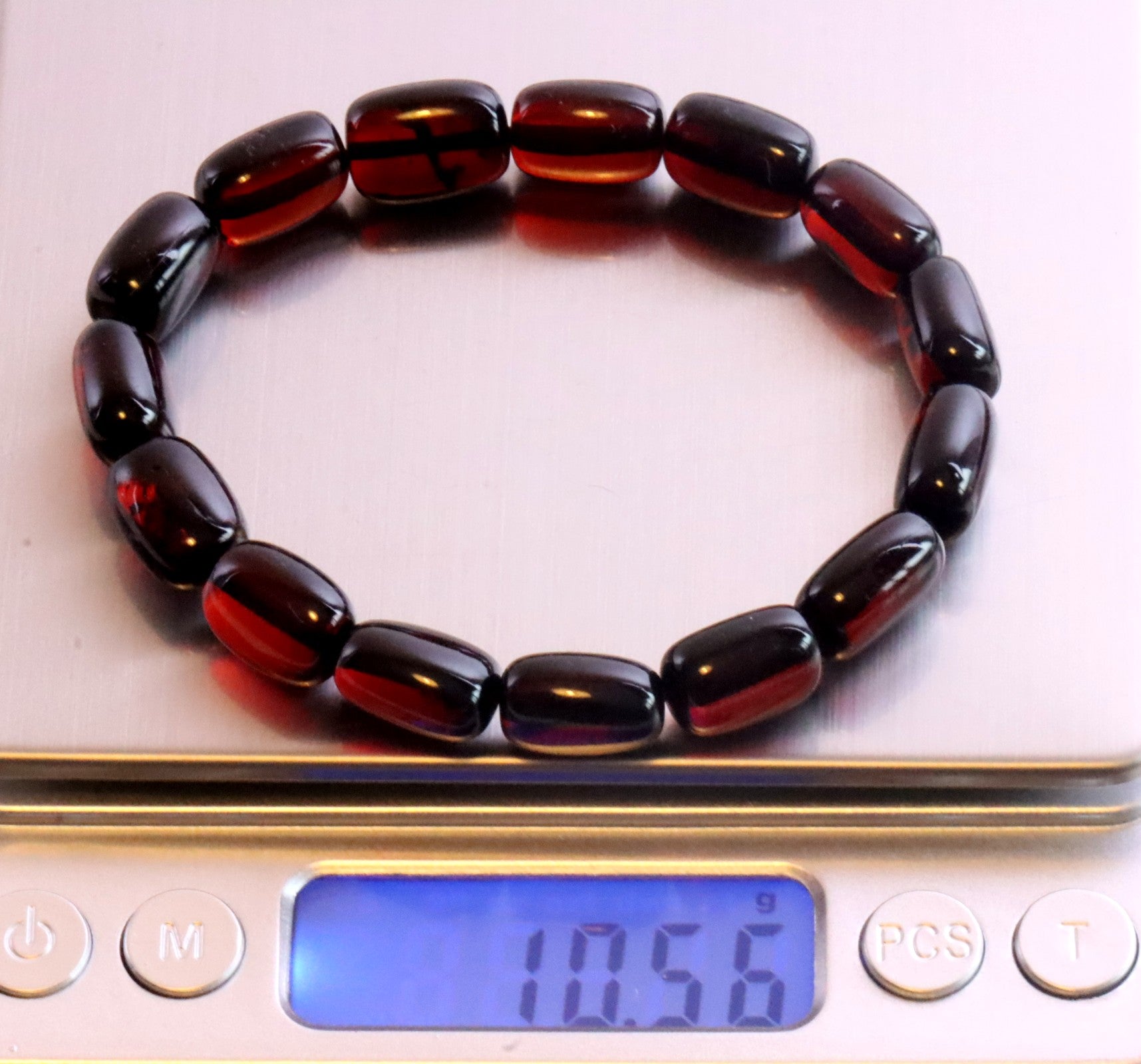 Genuine Baltic Amber Bracelet - Dark Cherry Beads, Stretch Fit, Gift Box With Certificate