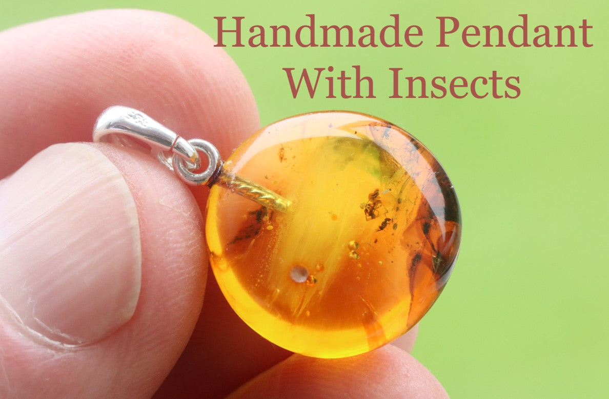 Sterling Silver Baltic Amber Pendant with 2 X Insect
