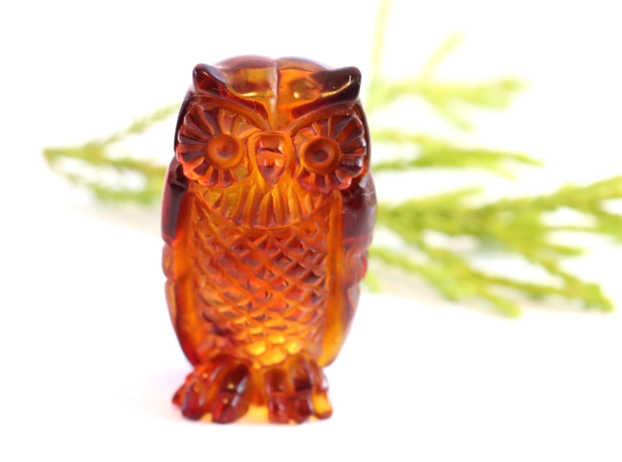 Unique Owl Figurine of Hand Carved Amber Gemstone