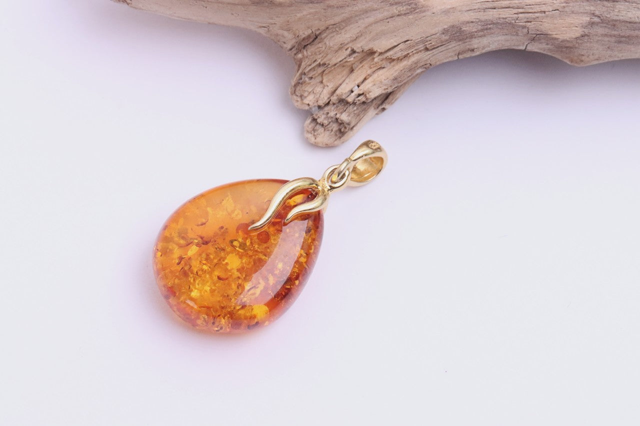 Radiant Baltic Amber Teardrop Pendant on Gold-Plated Silver
