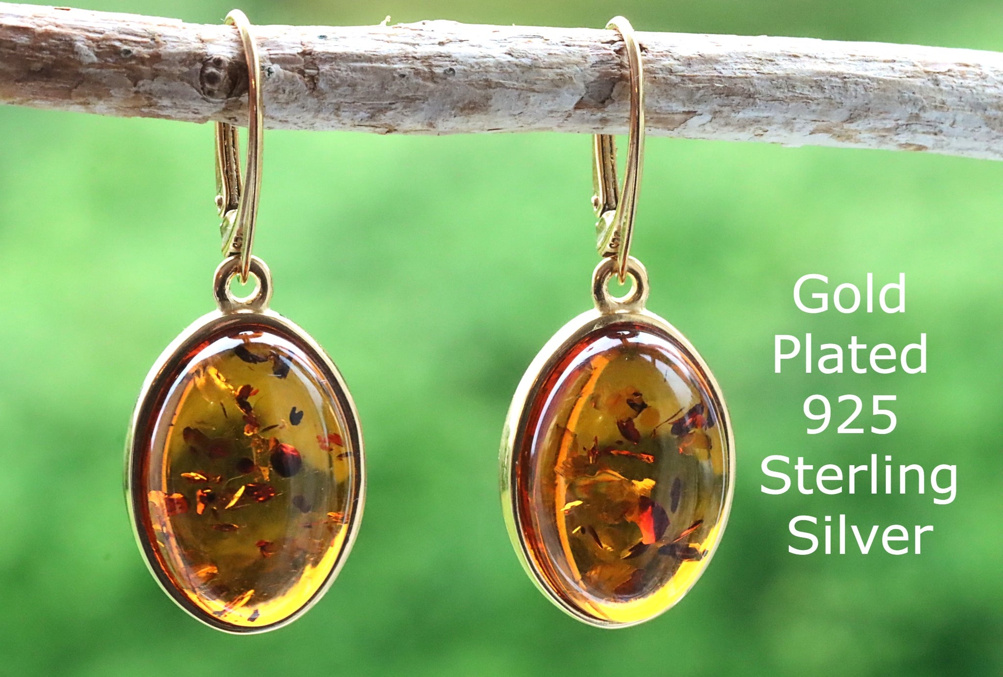 Solid Amber Tear Drop Earrings on 925 Gold Plated Silver