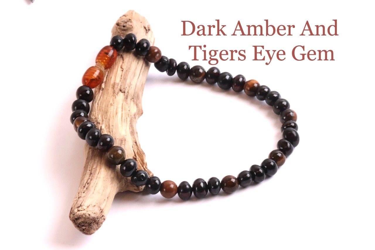 Dark Baltic Amber and Tigers Eye Adult Anklet