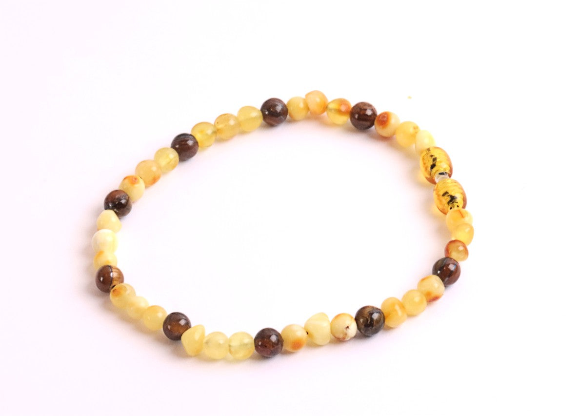 White and lemon Baltic Amber and Tigers Eye Adult Anklet