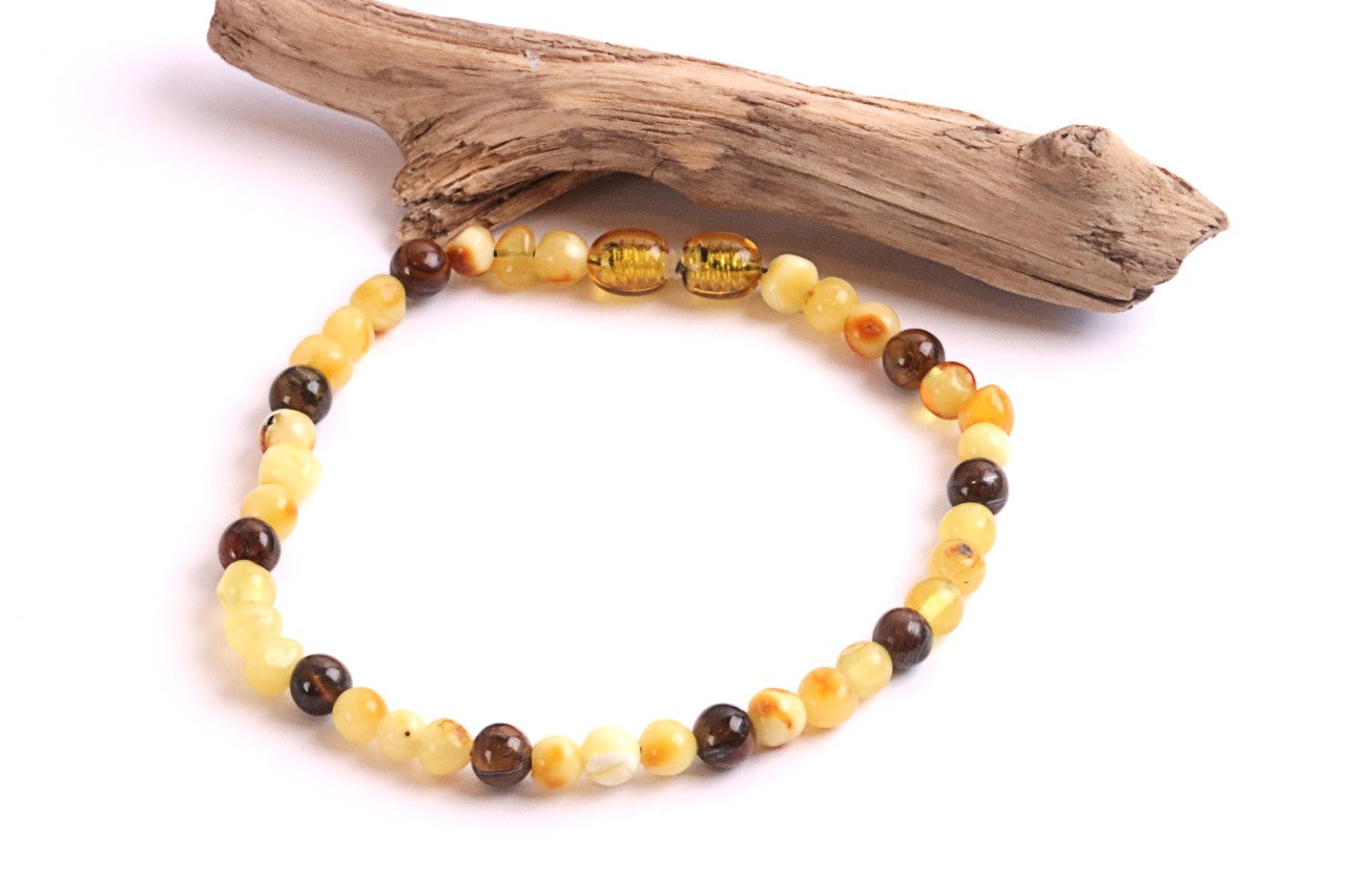 White and lemon Baltic Amber and Tigers Eye Adult Anklet