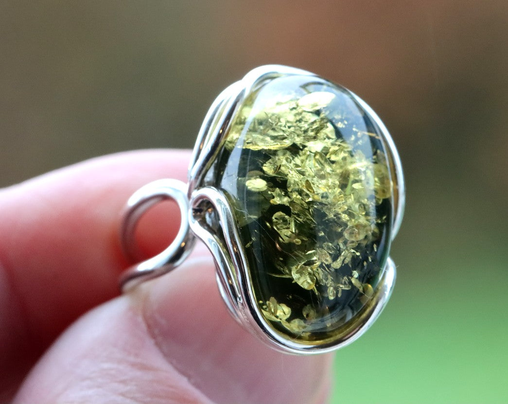 Valentine's Day Gift Green Amber and Silver Ring