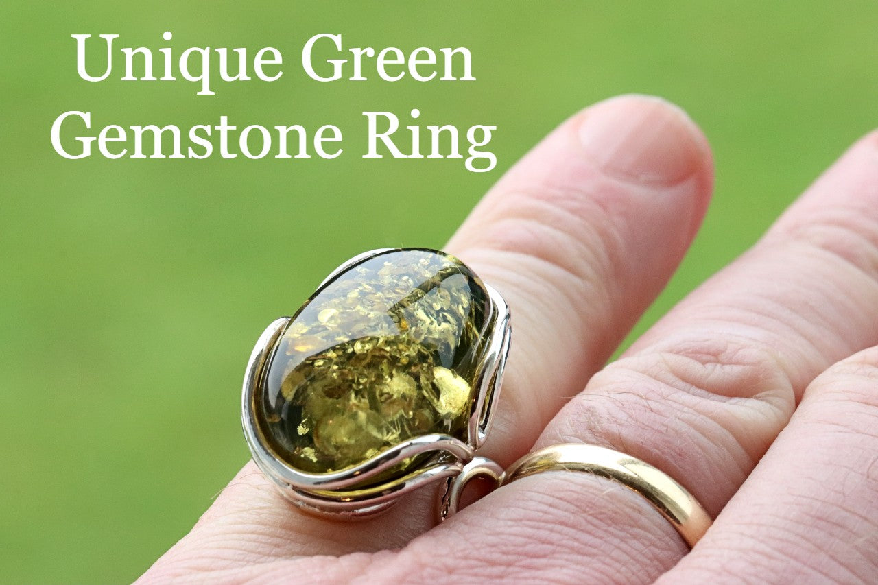 Valentine's Day Gift Green Amber and Silver Ring