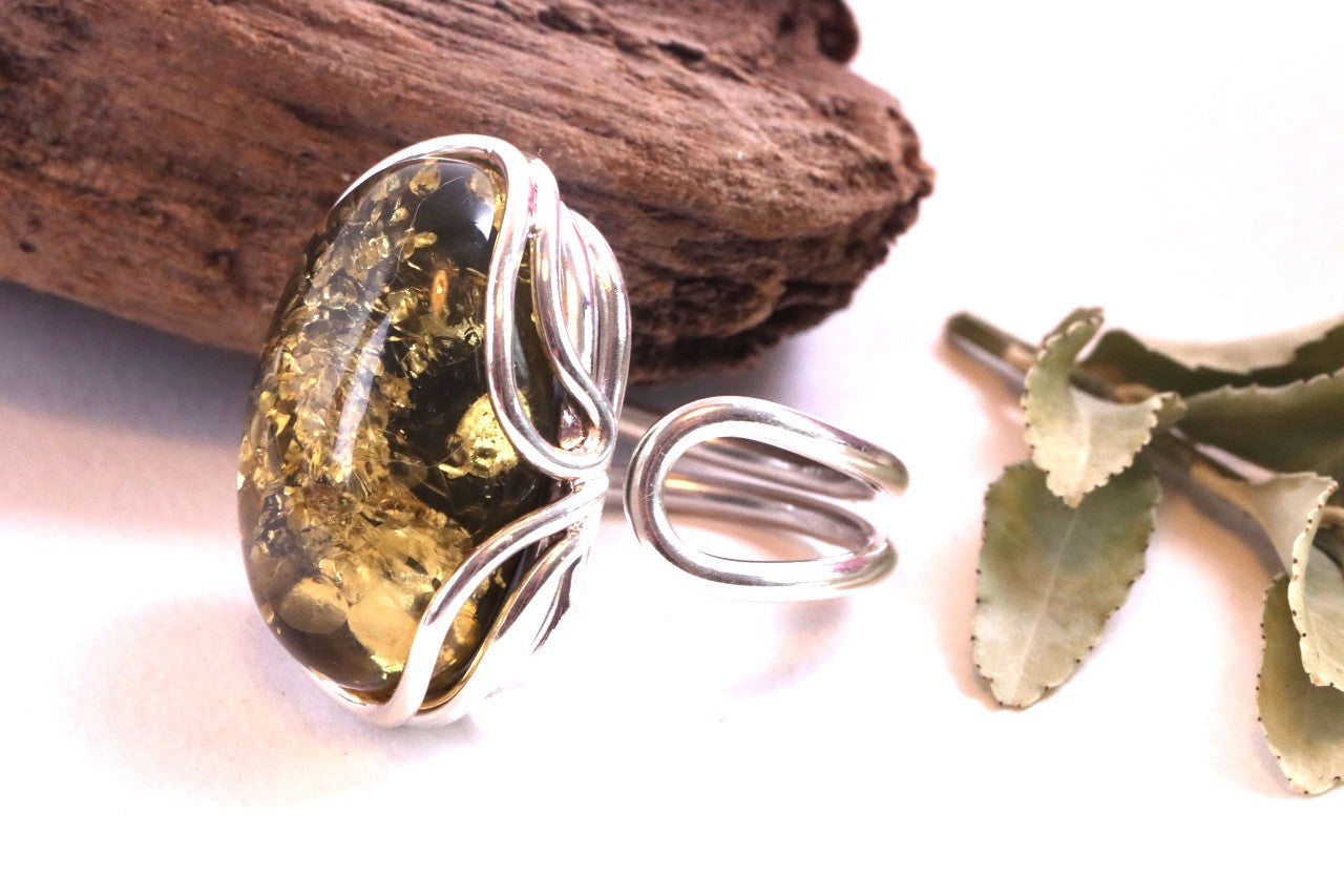 Valentine's Day Gift Green Amber and Silver Ring