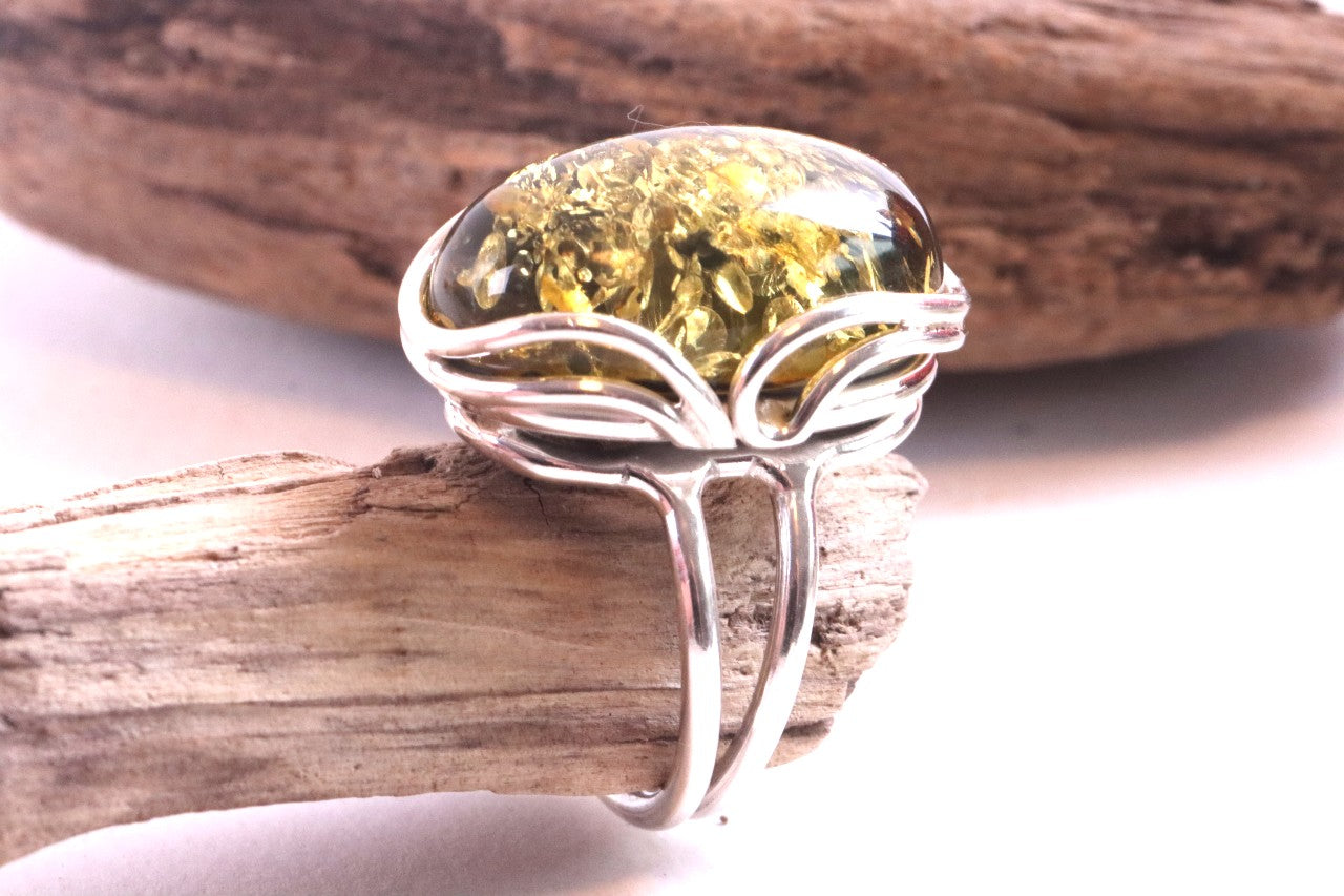 Valentine's Day Gift Green Amber and Silver Ring