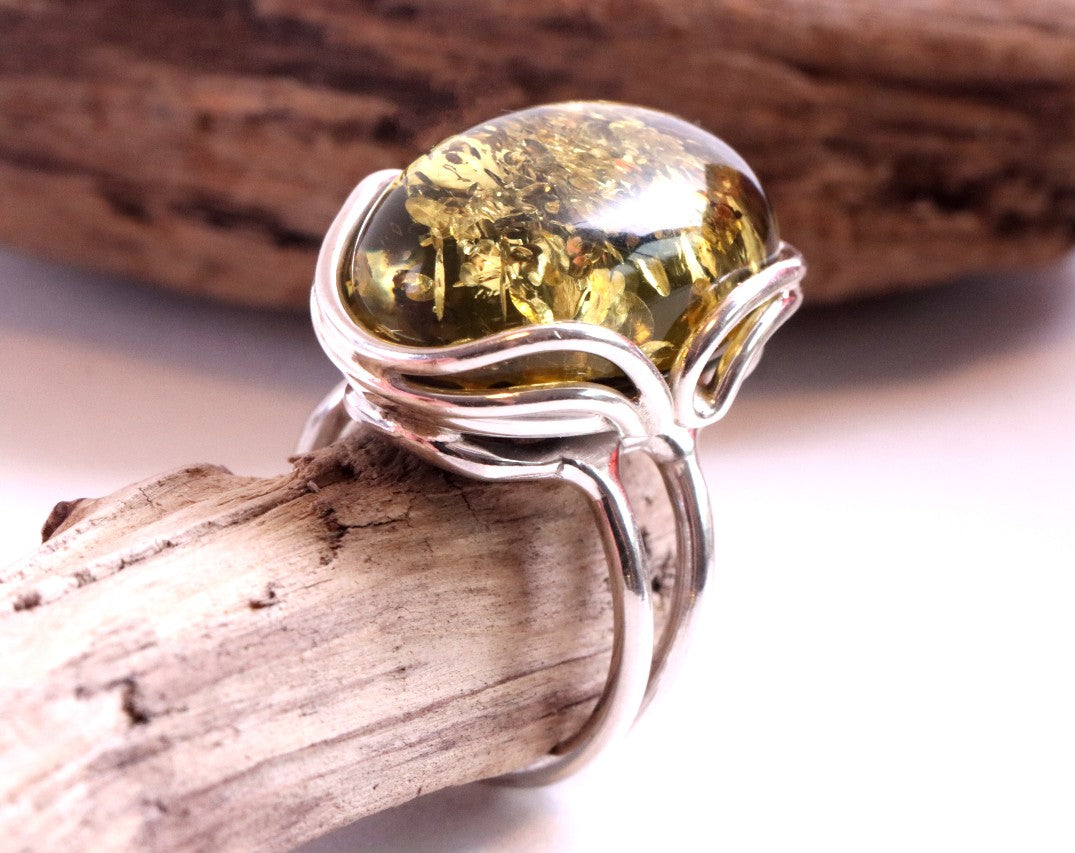 Valentine's Day Gift Green Amber and Silver Ring