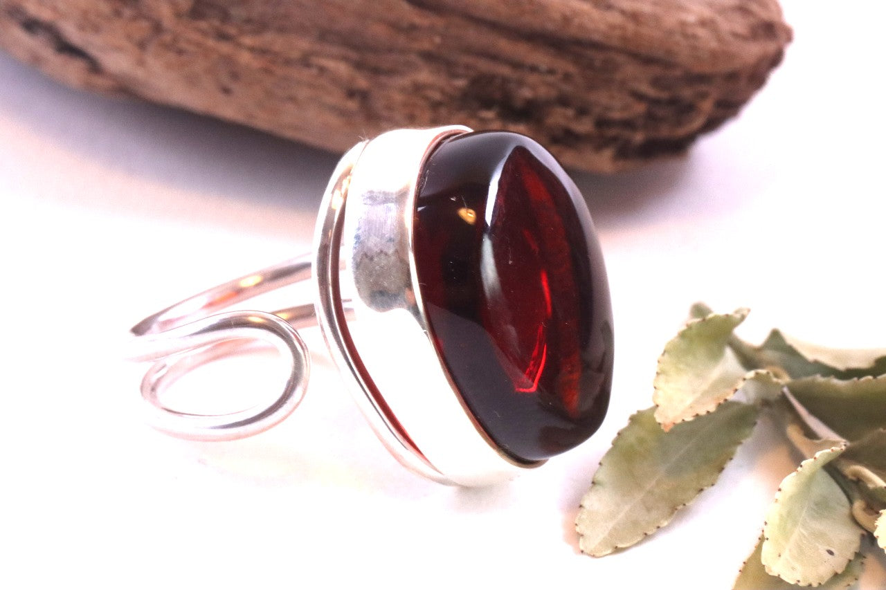 Red Baltic Amber Ring on Sterling Silver