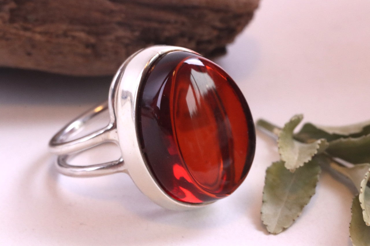 Red Baltic Amber Ring on Sterling Silver