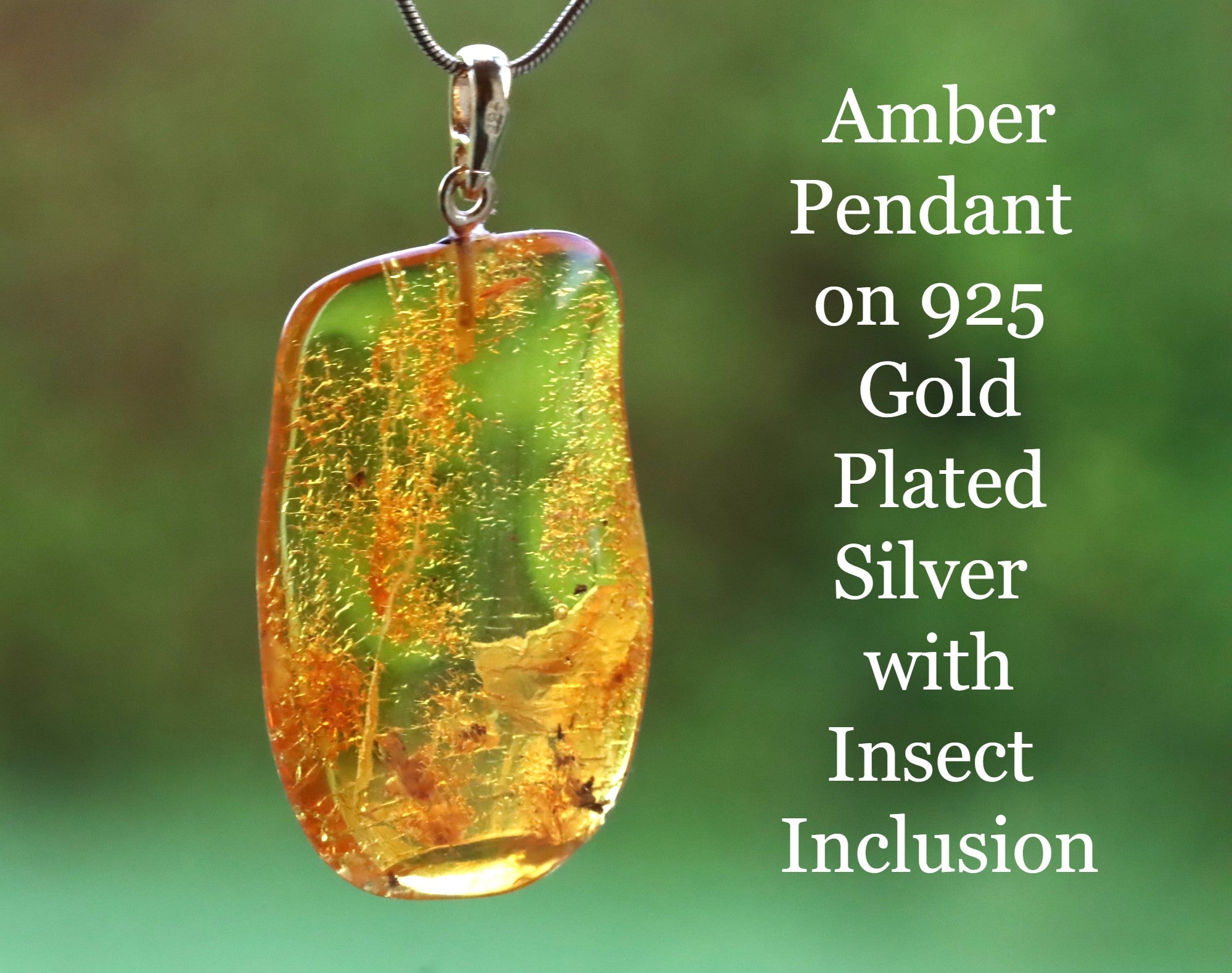 Amber Pendant on 925 Gold Plated Silver with Insect Inclusion