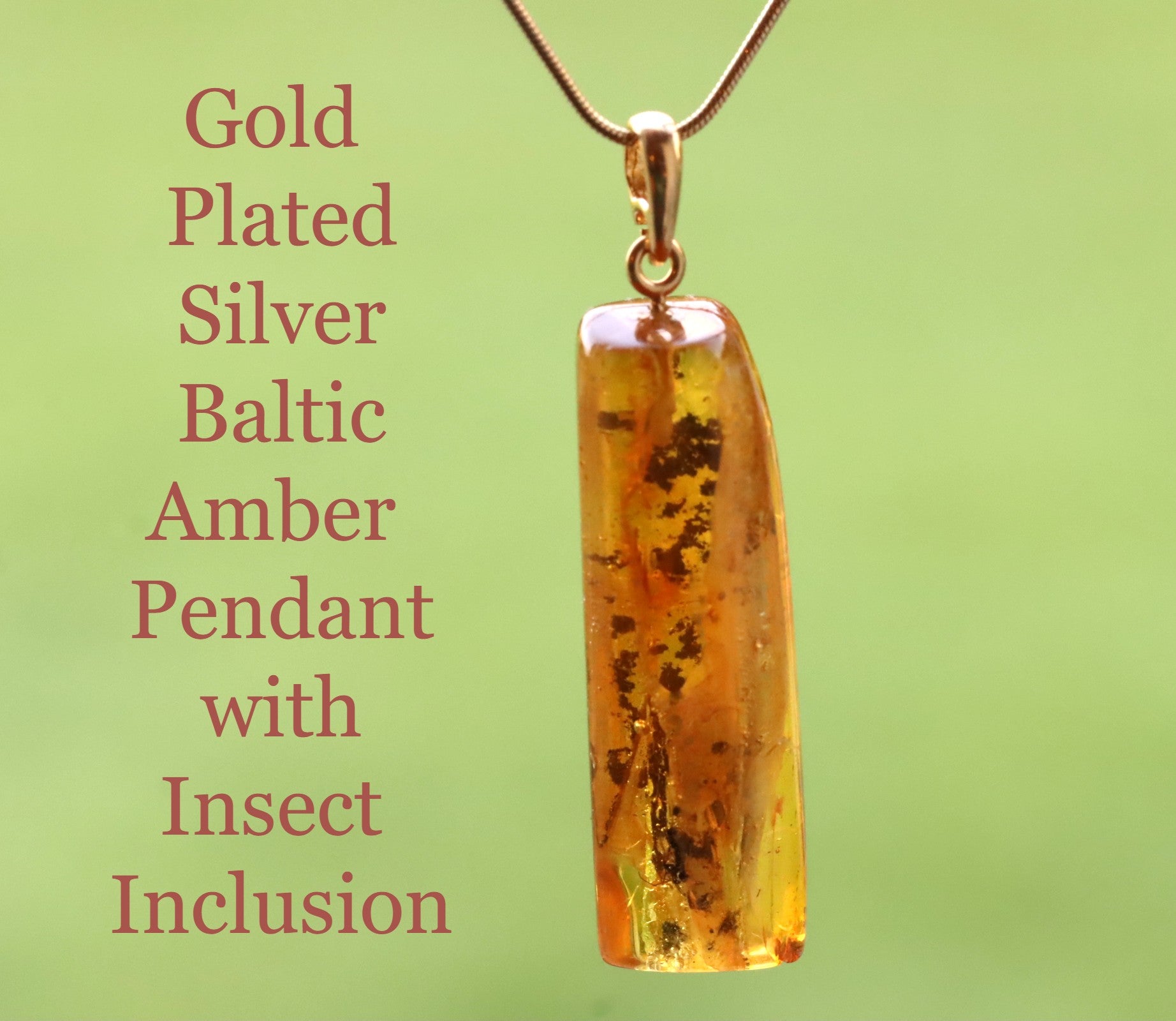 Amber Pendant on 925 Gold Plated Silver with Insect Inclusion