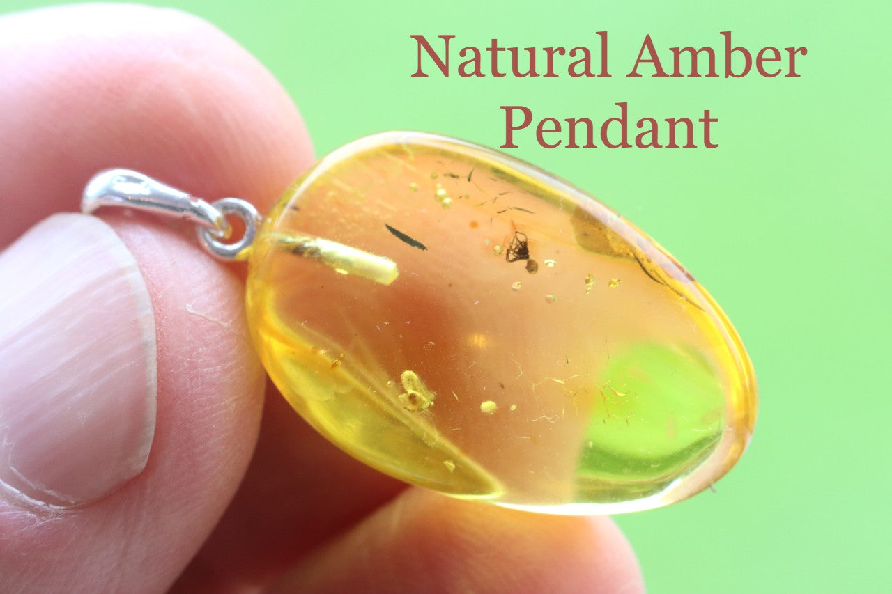 Golden Amber Pendant with Insect on Sterling Silver